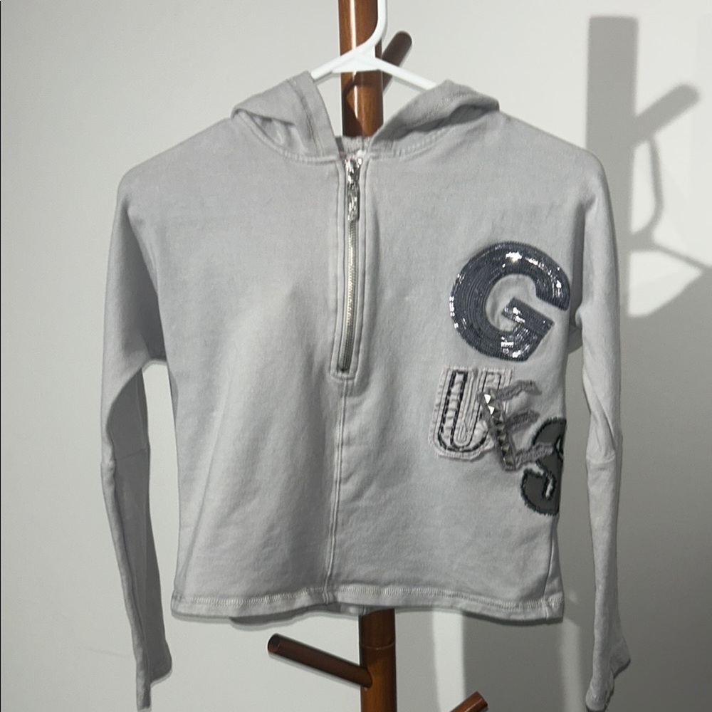 Guess Girls Cropped Light Gray Hoodie with Sequin Detail